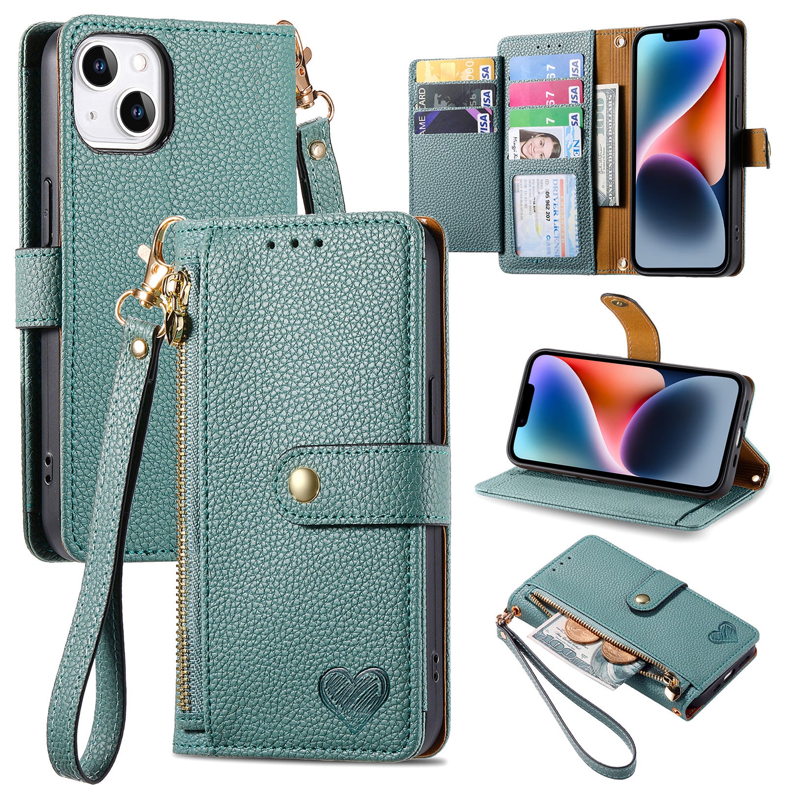PU Leather RFID Blocking Stand Case for iPhone 14 Zipper Pocket Wallet Phone Cover PU Leather RFID Blocking Stand Case for iPhone 14 Zipper Pocket Wallet Phone Cover